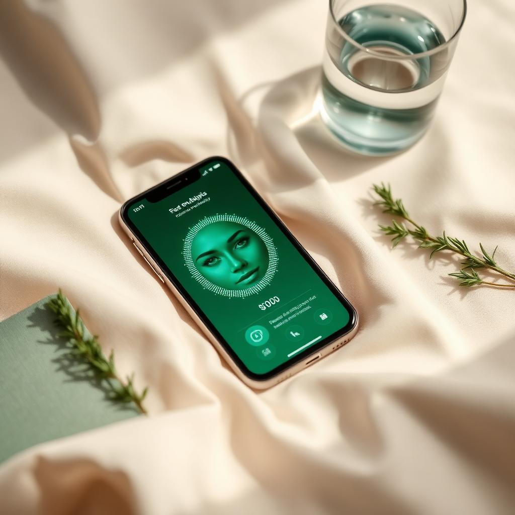 Smartphone on cream linen showing an emerald AI face age analysis with a glowing facial mesh overlay, beside a notebook, rosemary and a glass of water