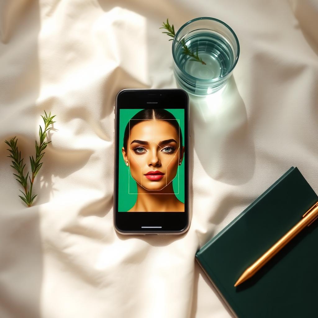 Smartphone on cream linen showing an emerald AI facial analysis scan of a woman's face with a landmark mesh overlay, beside a glass of water, rosemary and a dark green notebook