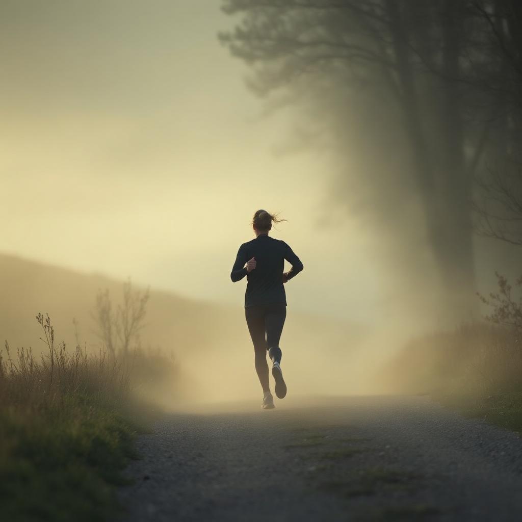 Runner on a misty trail at dawn